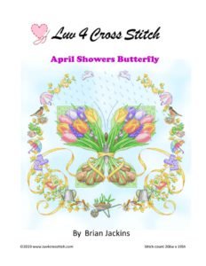 cross stitch pattern of things associated with spring in the shape of a butterfly with border containing other spring items